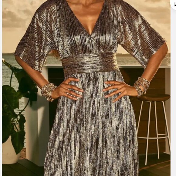 Lily Pulitzer Parigi Elbow Sleeve Maxi DRESS Metallic Rope Berry Crinkle Size L - Picture 4 of 13